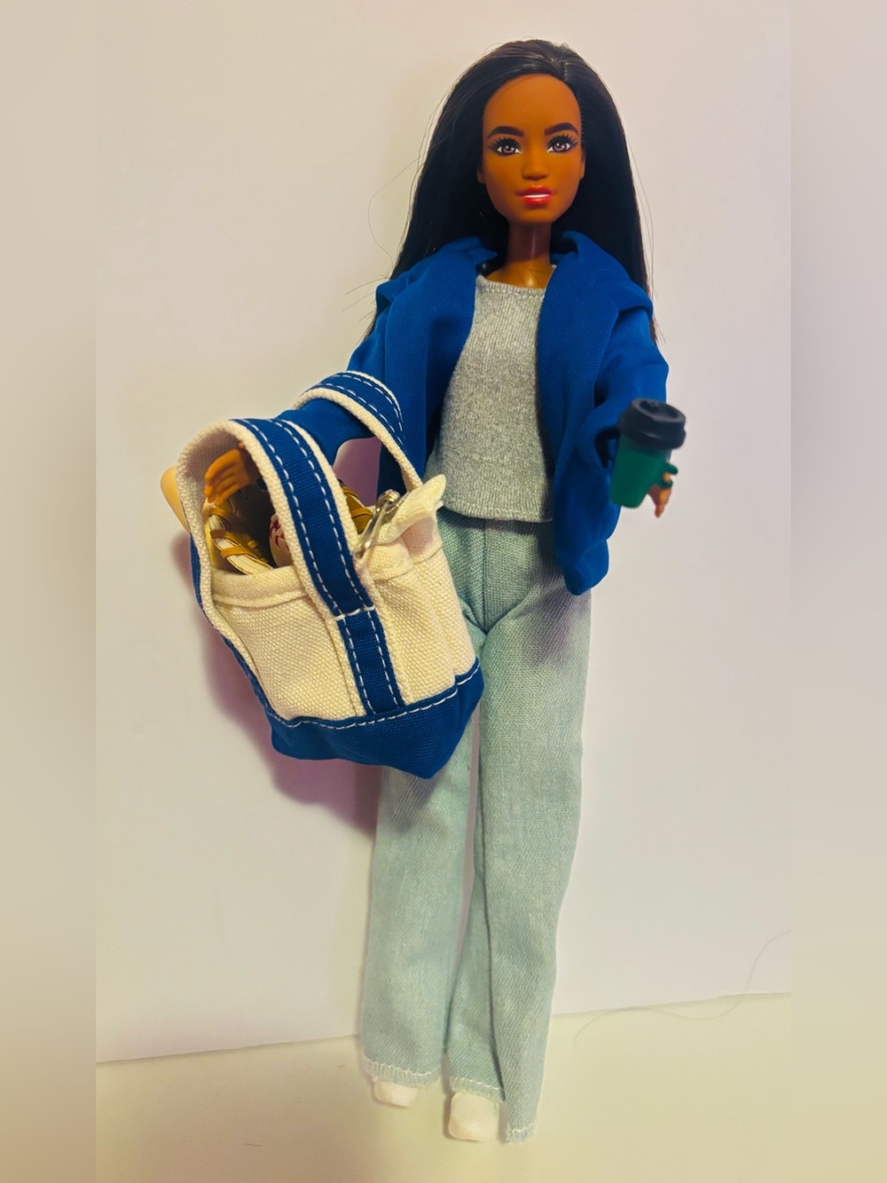 African American Barbie Sporty Casual- Blue Hoodie, Coffee Cup, Baseball Tote